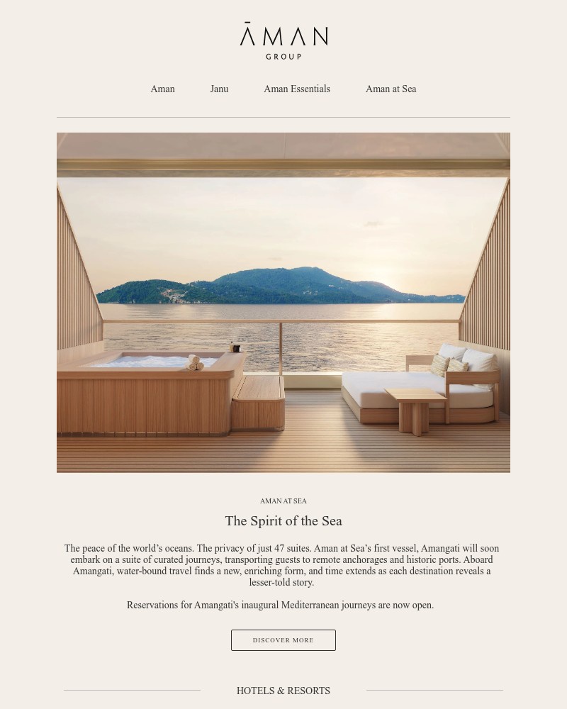 Screenshot of email sent to a Aman Resorts Newsletter subscriber