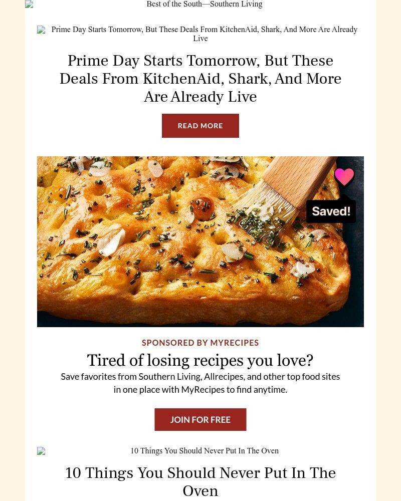 Screenshot of email sent to a Southern Living Newsletter subscriber