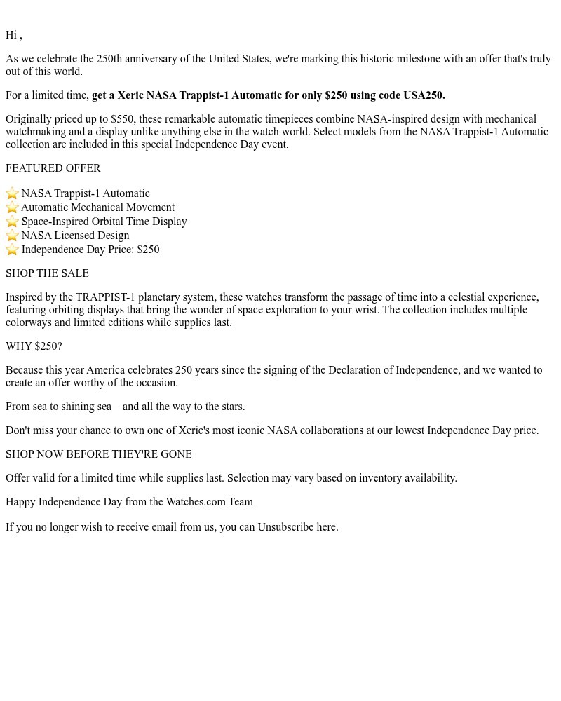 Screenshot of email sent to a Watches.com Newsletter subscriber