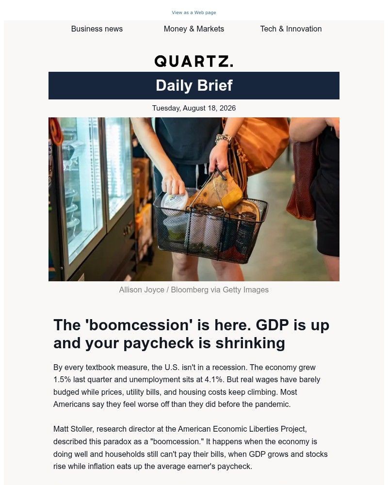 Screenshot of email sent to a Quartz Newsletter subscriber