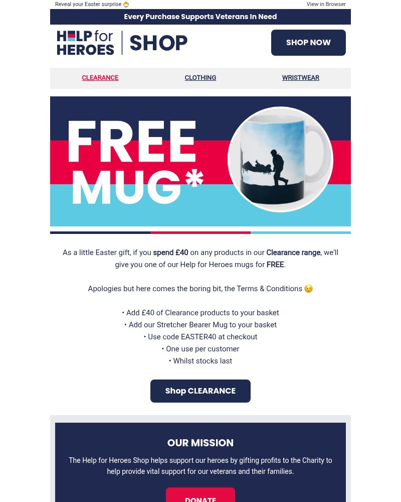 Screenshot of email sent to a Help for Heroes Newsletter subscriber