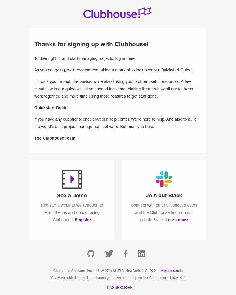 Screenshot of email sent to a Clubhouse Registered user