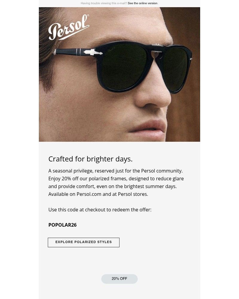 Screenshot of email sent to a Persol Newsletter subscriber
