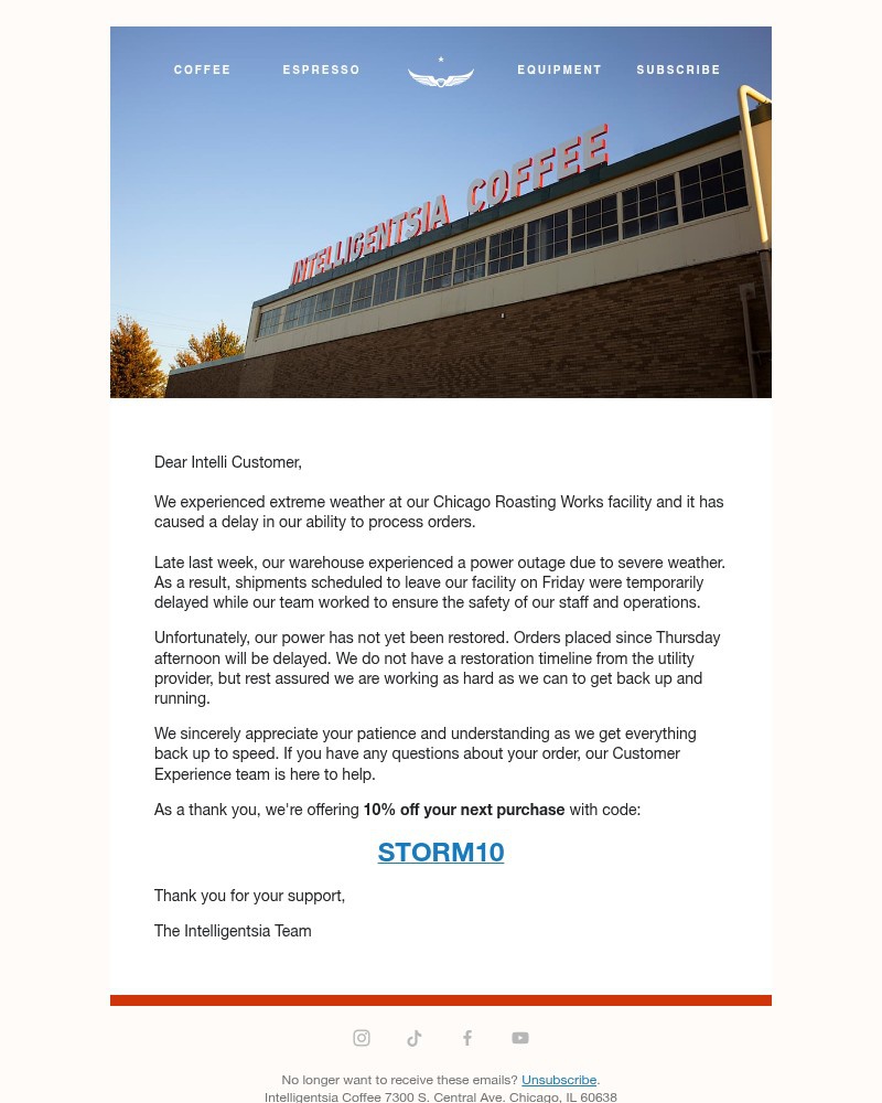 Screenshot of email sent to a Intelligentsia Newsletter subscriber