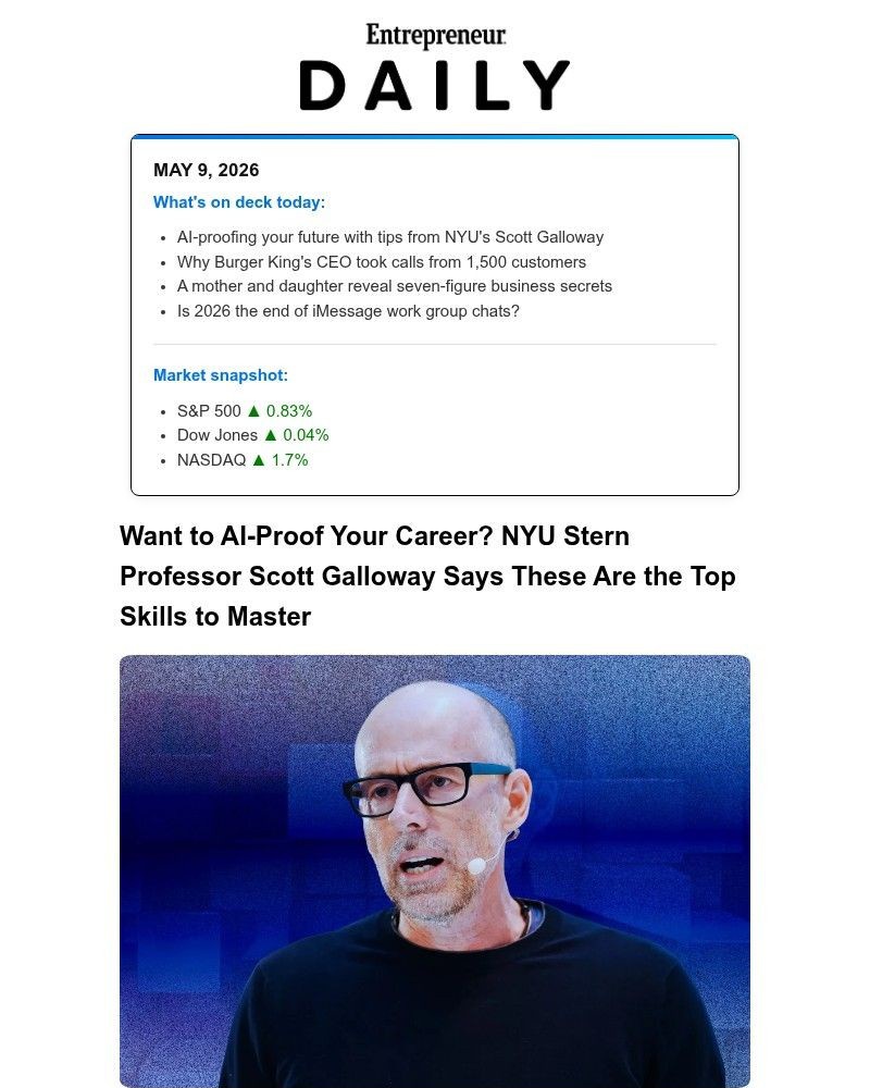 Screenshot of email sent to a Entrepreneur Newsletter subscriber