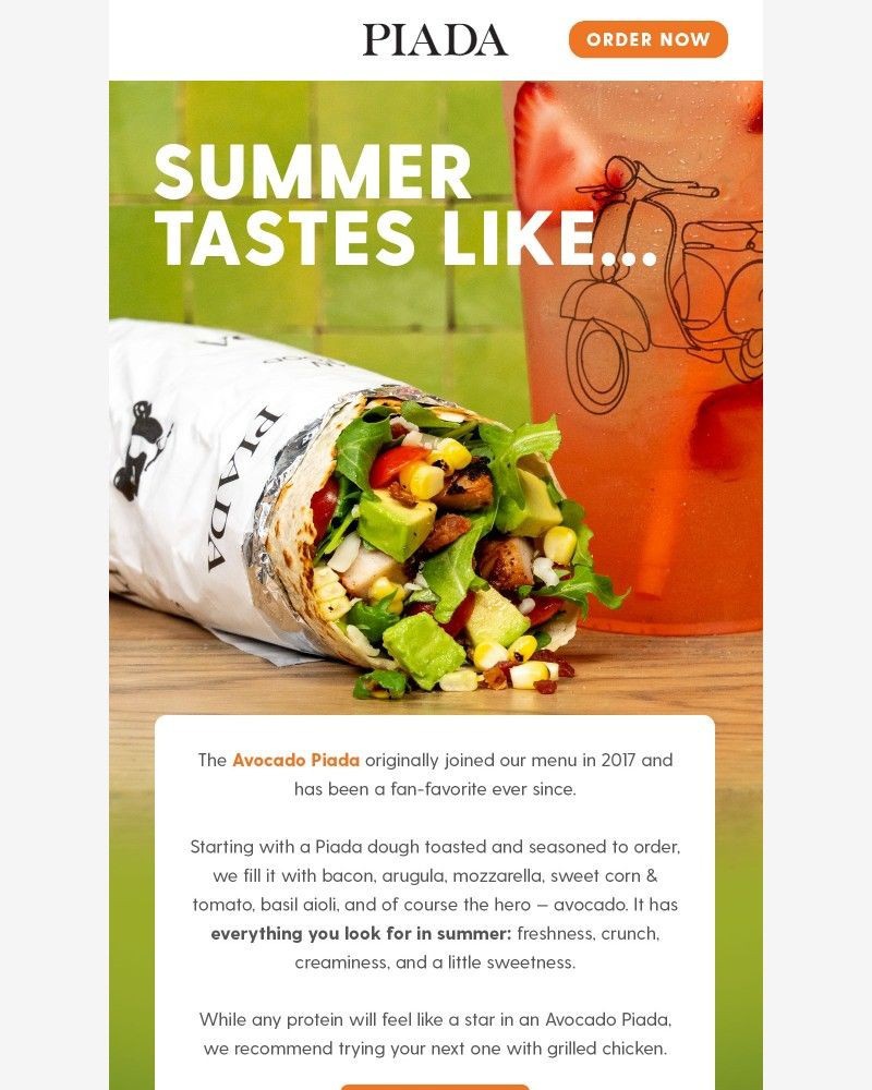 Screenshot of email sent to a Piada Italian Street Food Newsletter subscriber