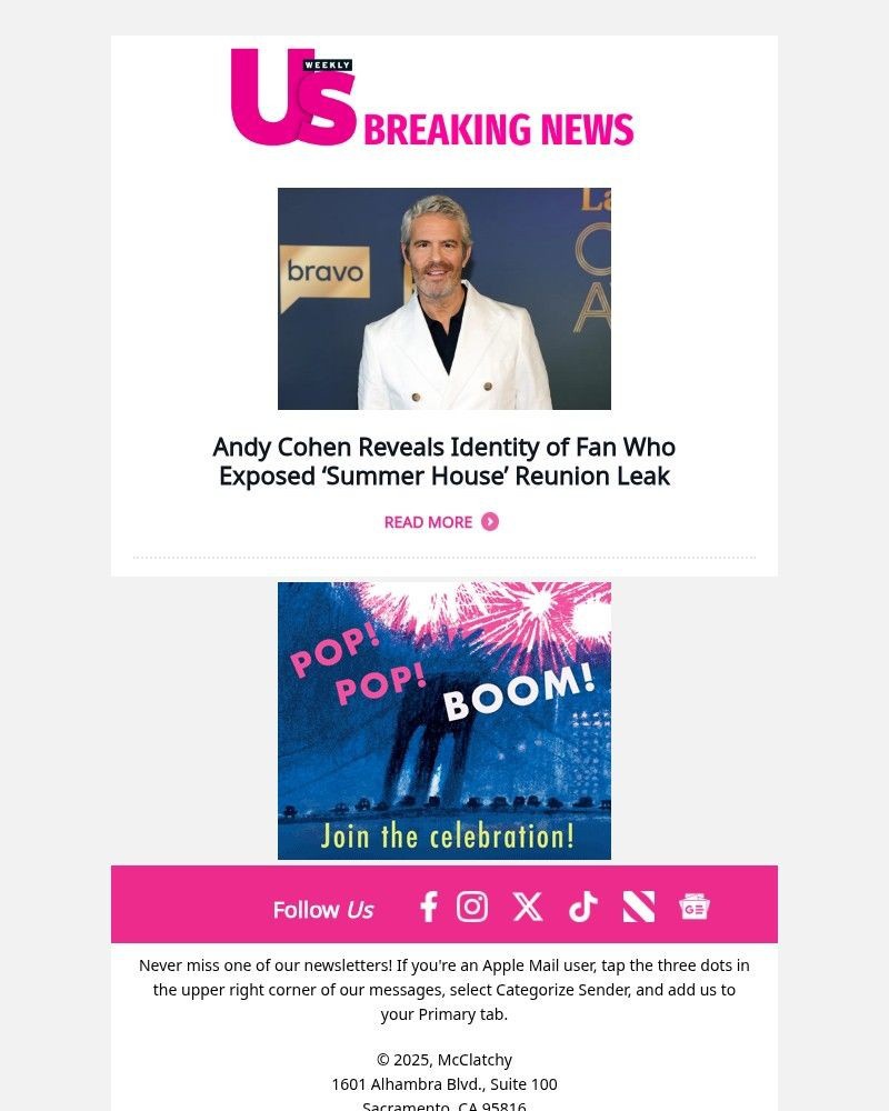 Screenshot of email sent to a Us Weekly Newsletter subscriber