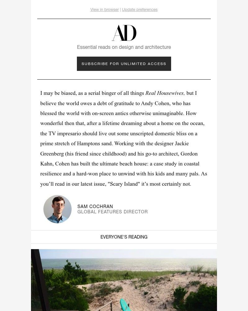 Screenshot of email sent to a Architectural Digest Newsletter subscriber