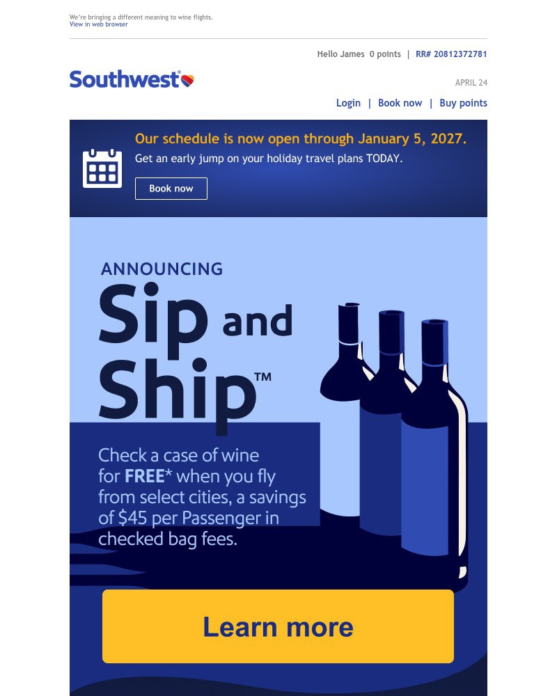 Screenshot of email sent to a Southwest Registered user