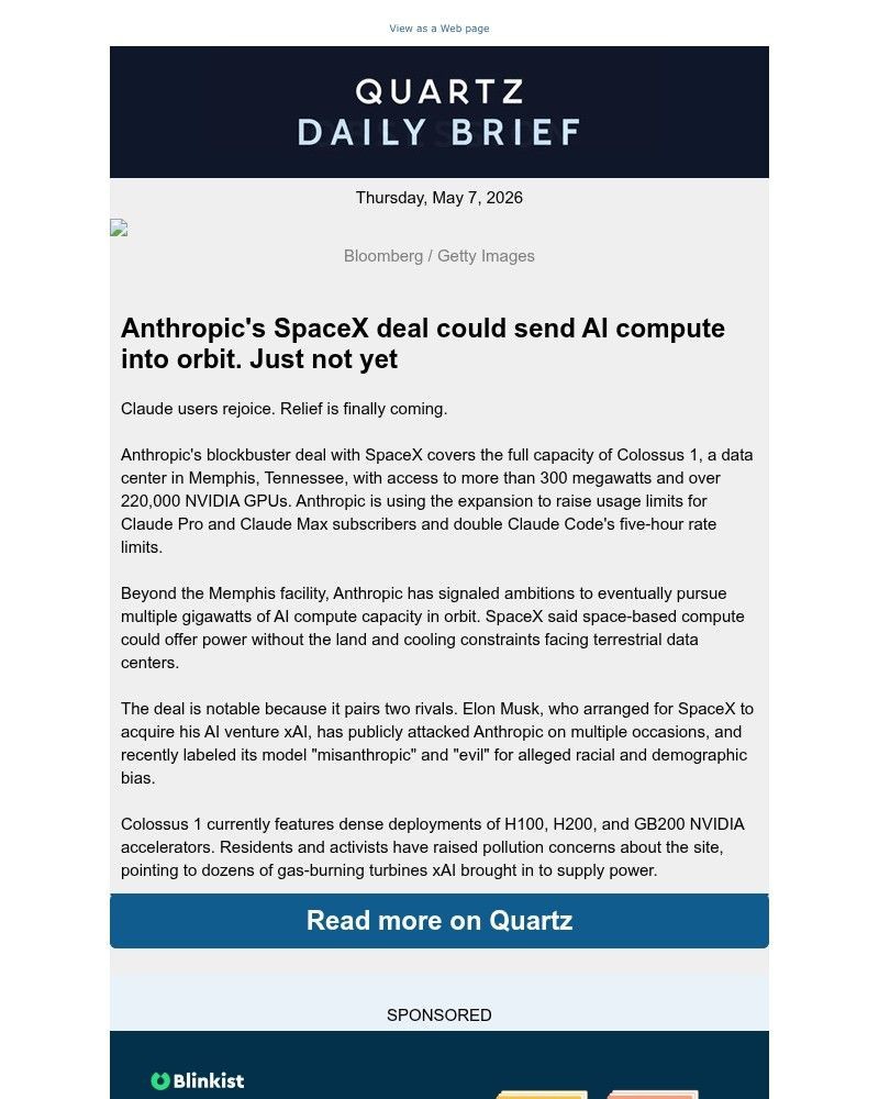 Screenshot of email sent to a Quartz Newsletter subscriber