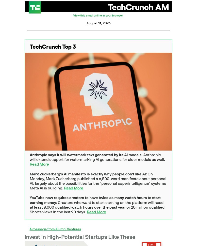 Screenshot of email sent to a Techcrunch Newsletter subscriber