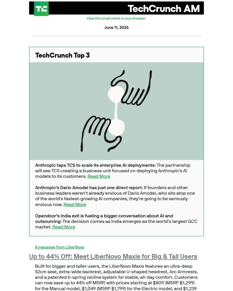 Screenshot of email sent to a Techcrunch Newsletter subscriber