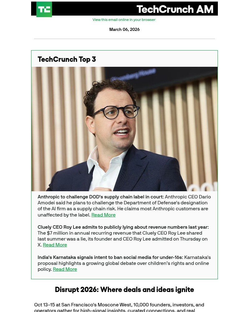 Screenshot of email sent to a Techcrunch Newsletter subscriber