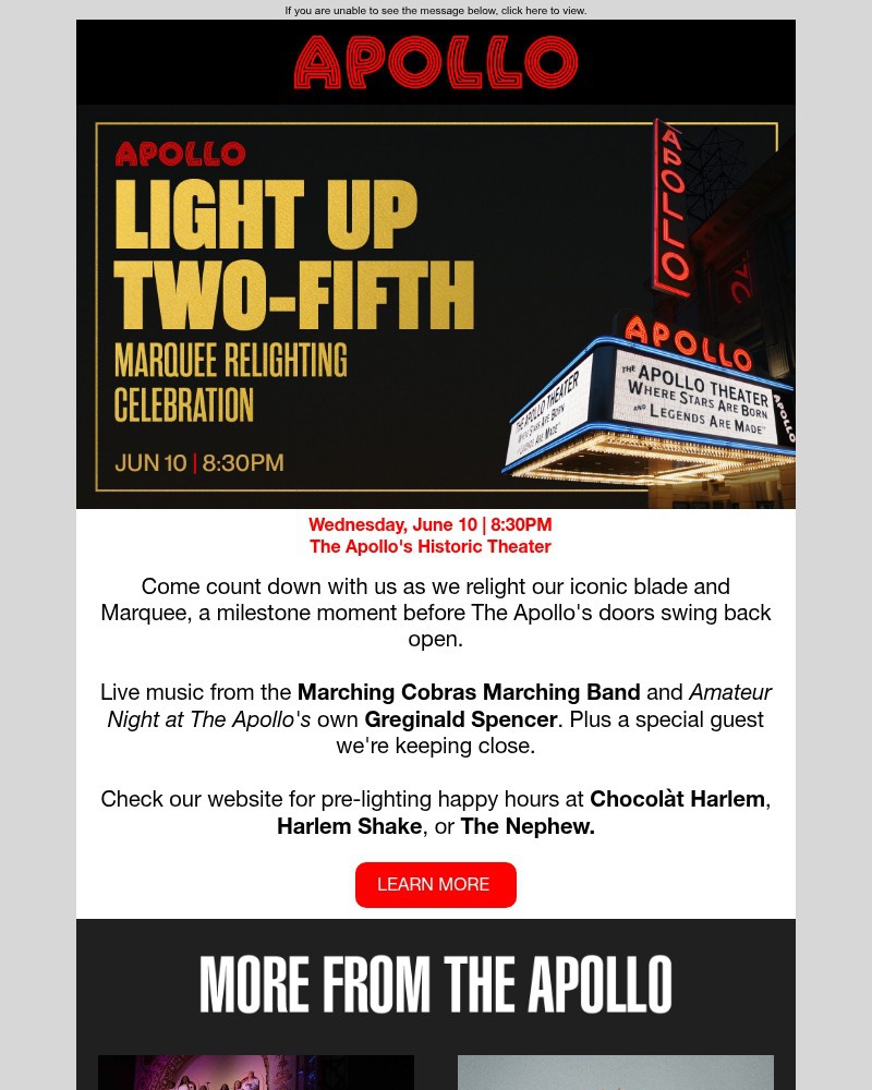 Screenshot of email sent to a Apollo Theater Newsletter subscriber