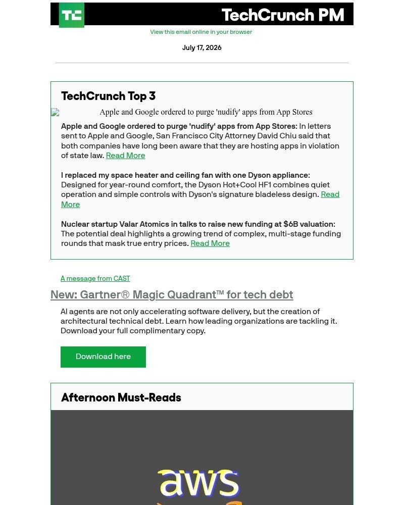 Screenshot of email sent to a Techcrunch Newsletter subscriber