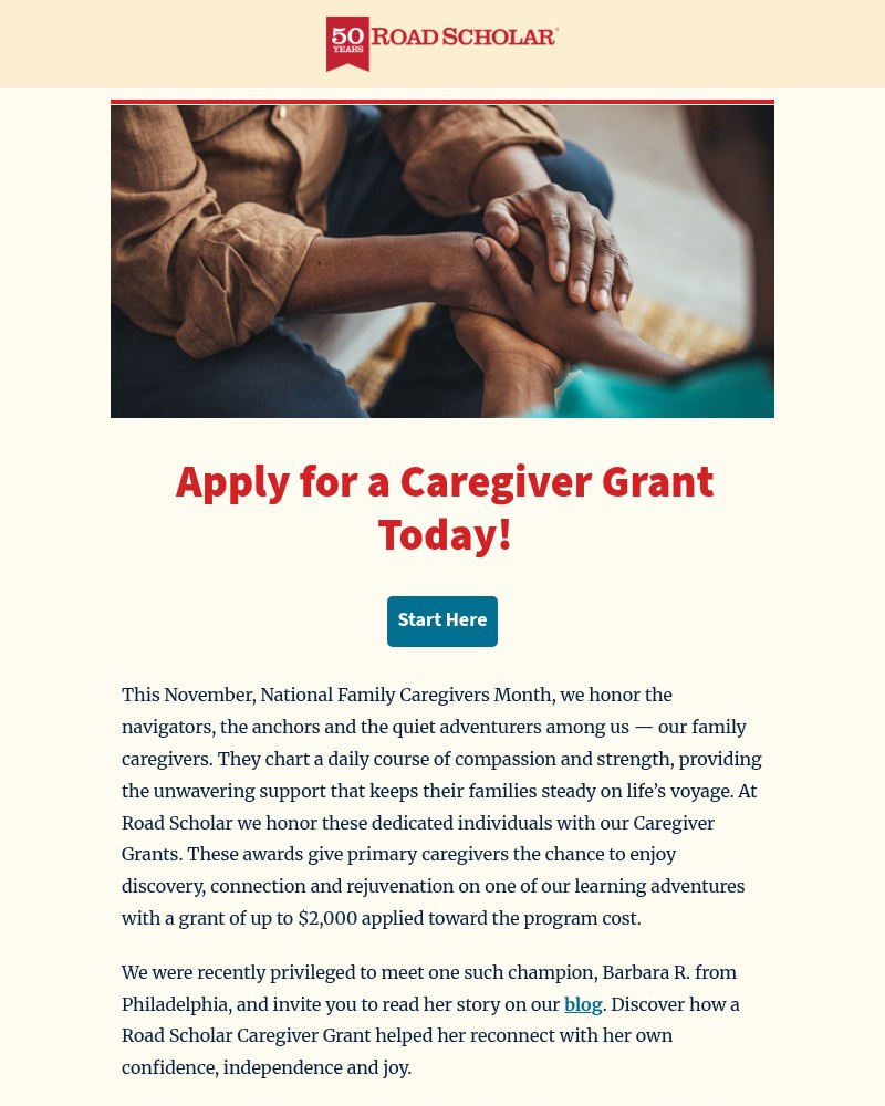 Screenshot of email sent to a Road Scholar Newsletter subscriber