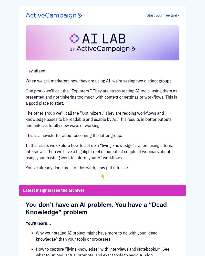 Screenshot of email sent to a ActiveCampaign Customer