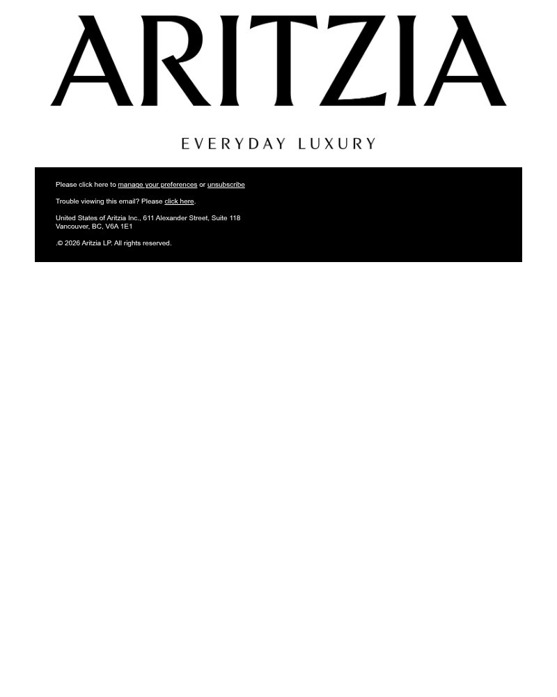 Screenshot of email sent to a Aritzia Newsletter subscriber