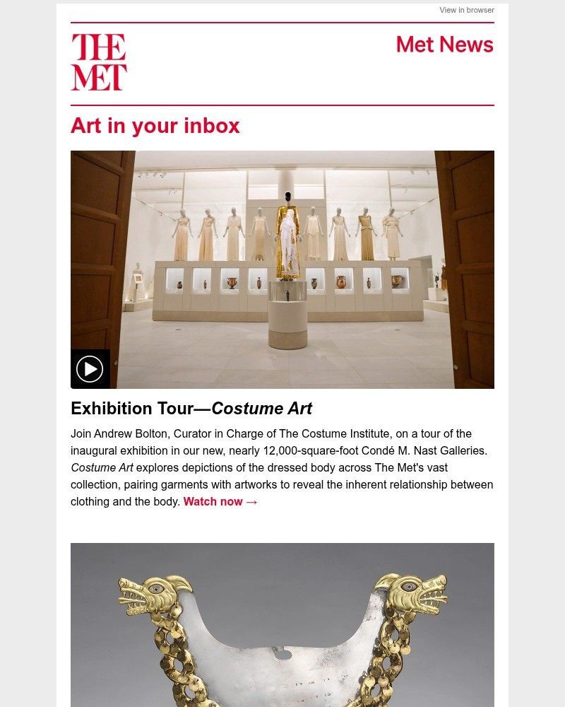 Screenshot of email sent to a The Metropolitan Museum of Art (The Met) Newsletter subscriber