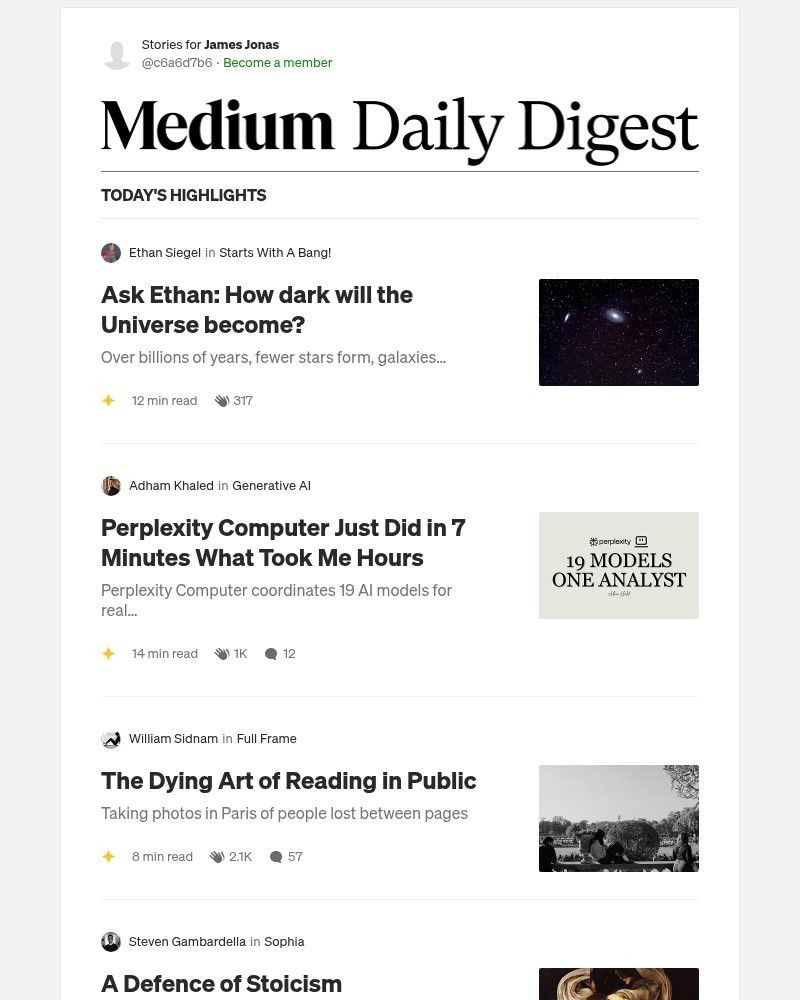 Screenshot of email sent to a Medium Registered user