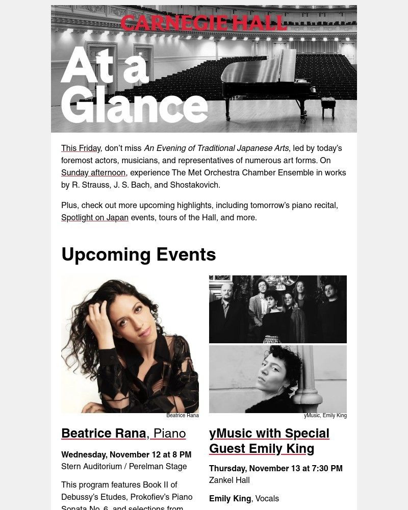Screenshot of email sent to a Carnegie Hall Newsletter subscriber