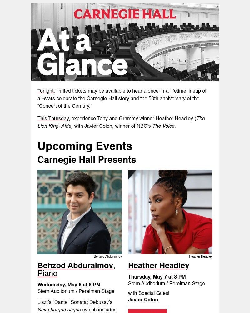 Screenshot of email sent to a Carnegie Hall Newsletter subscriber