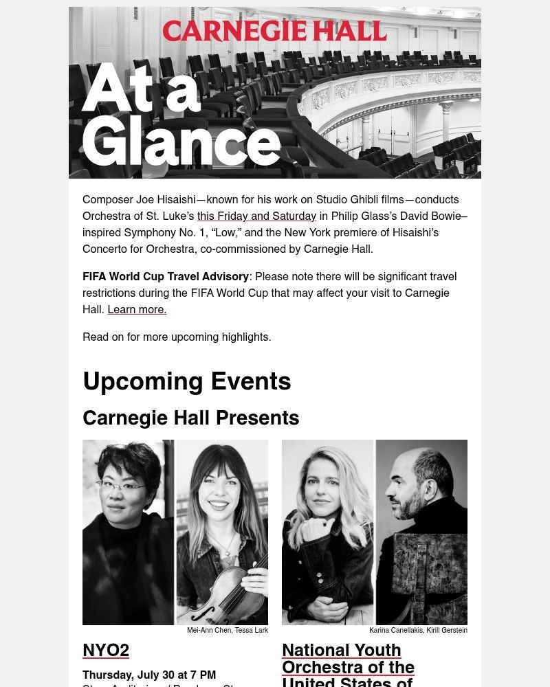 Screenshot of email sent to a Carnegie Hall Newsletter subscriber
