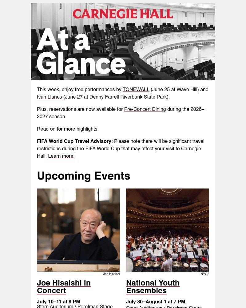 Screenshot of email sent to a Carnegie Hall Newsletter subscriber