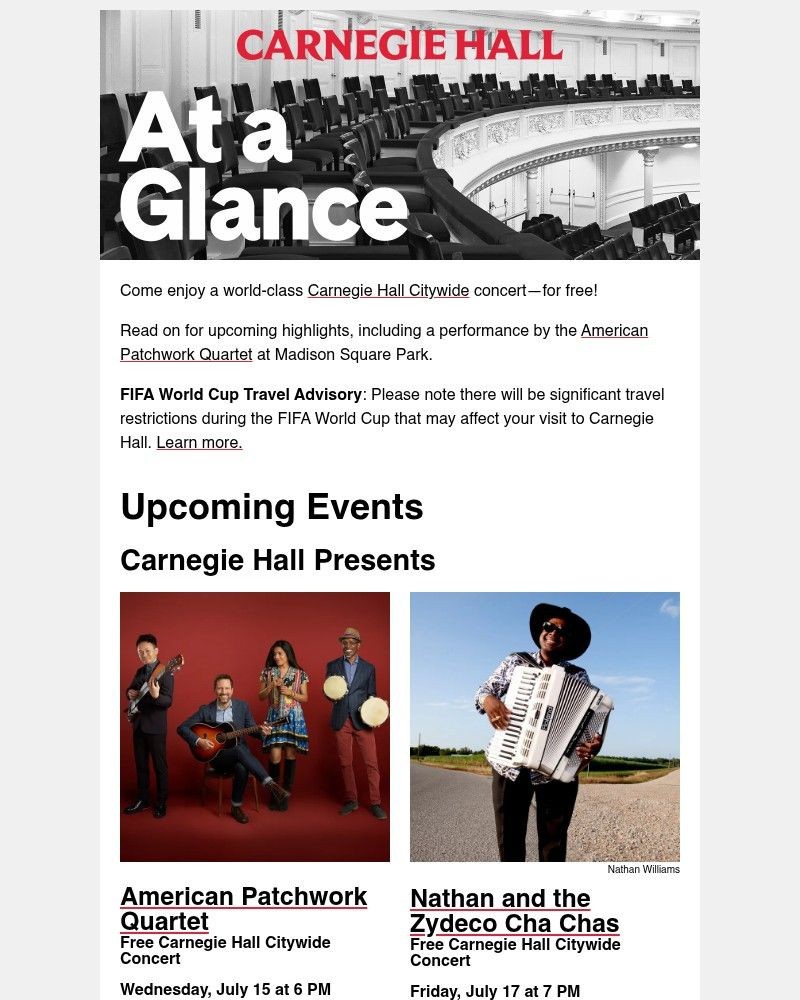 Screenshot of email sent to a Carnegie Hall Newsletter subscriber
