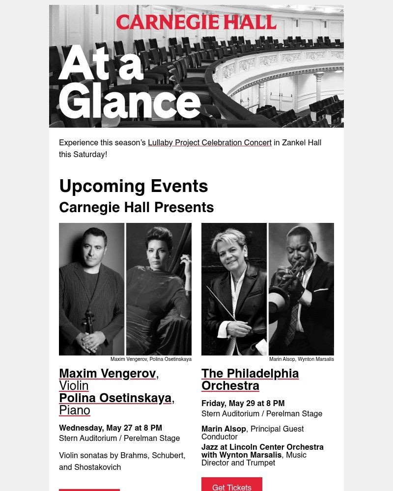 Screenshot of email sent to a Carnegie Hall Newsletter subscriber