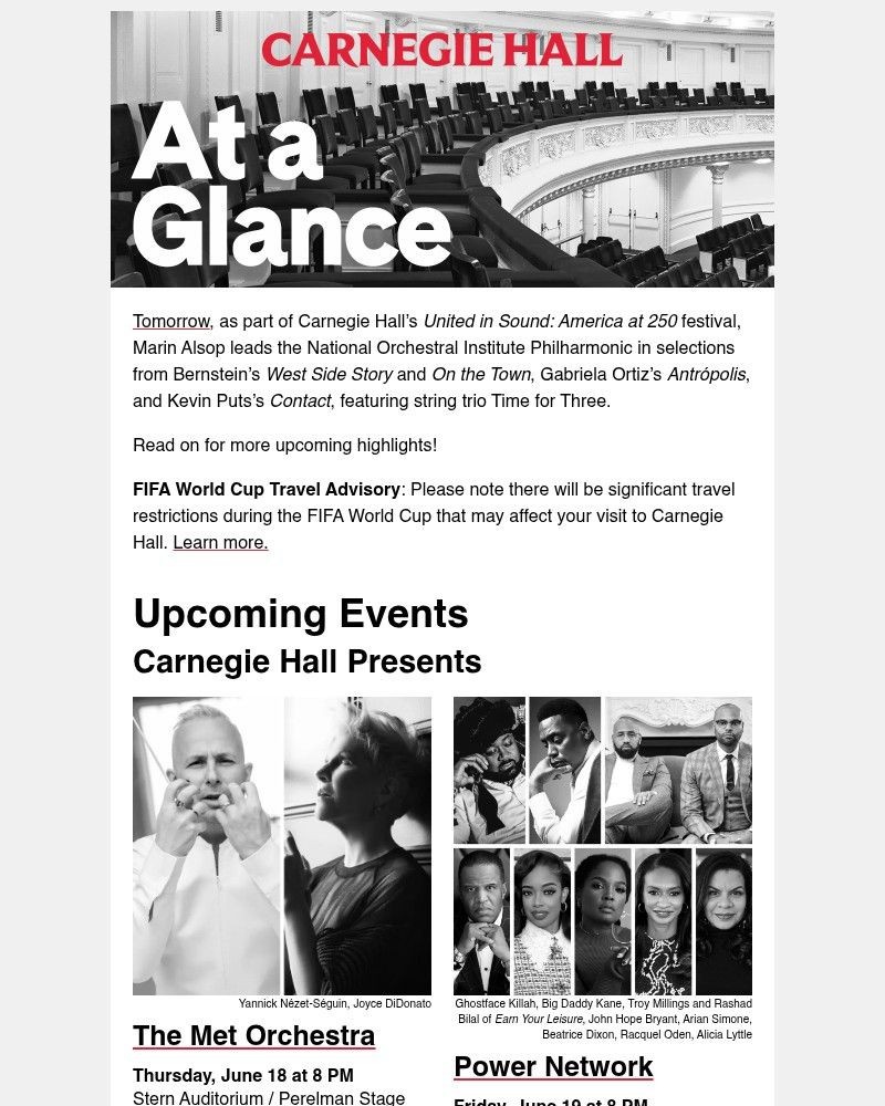Screenshot of email sent to a Carnegie Hall Newsletter subscriber