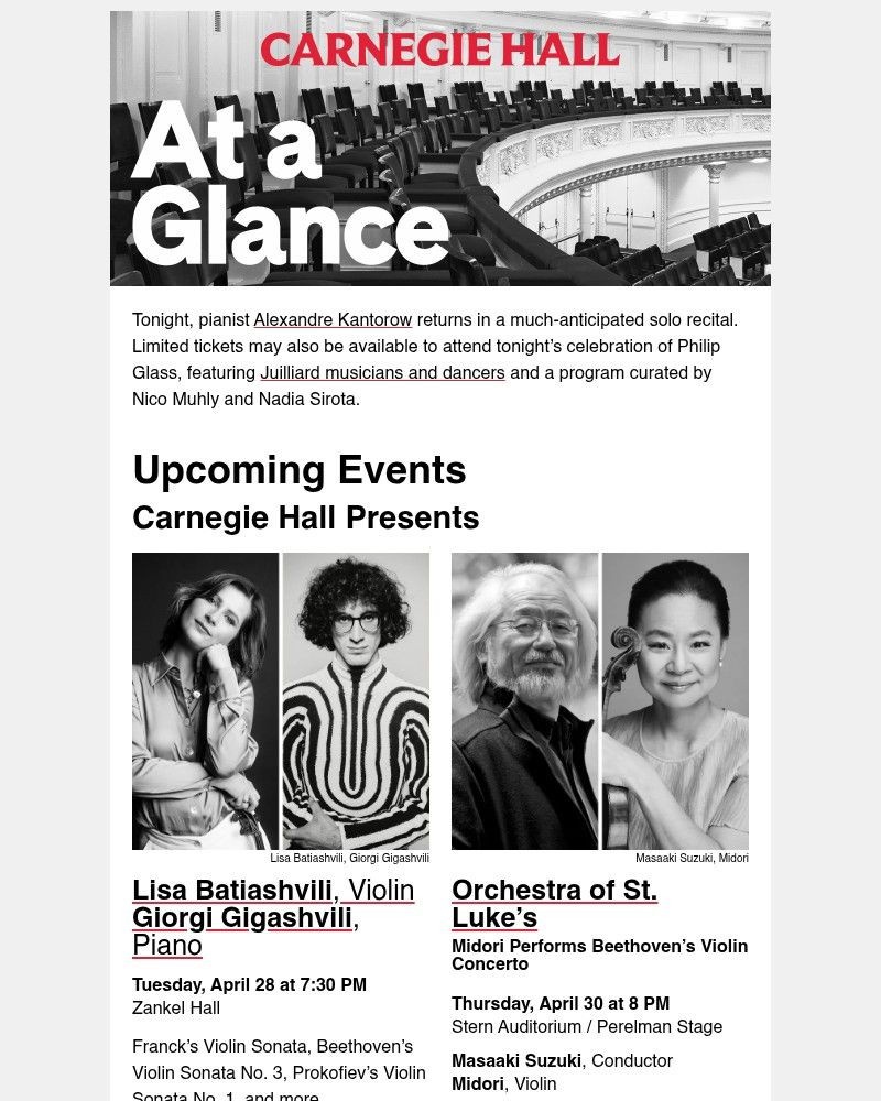 Screenshot of email sent to a Carnegie Hall Newsletter subscriber