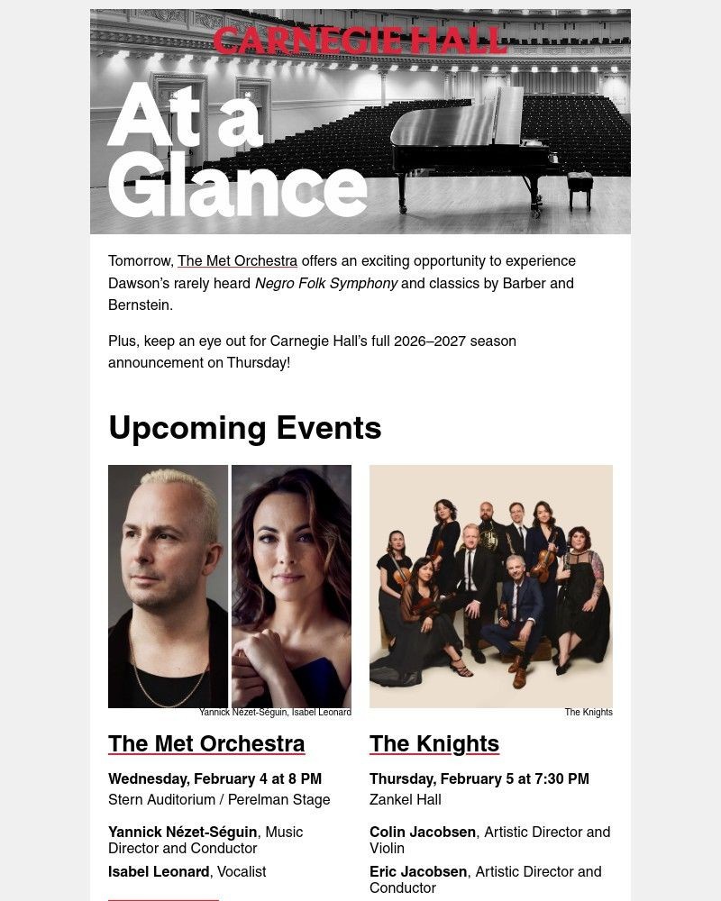 Screenshot of email sent to a Carnegie Hall Newsletter subscriber