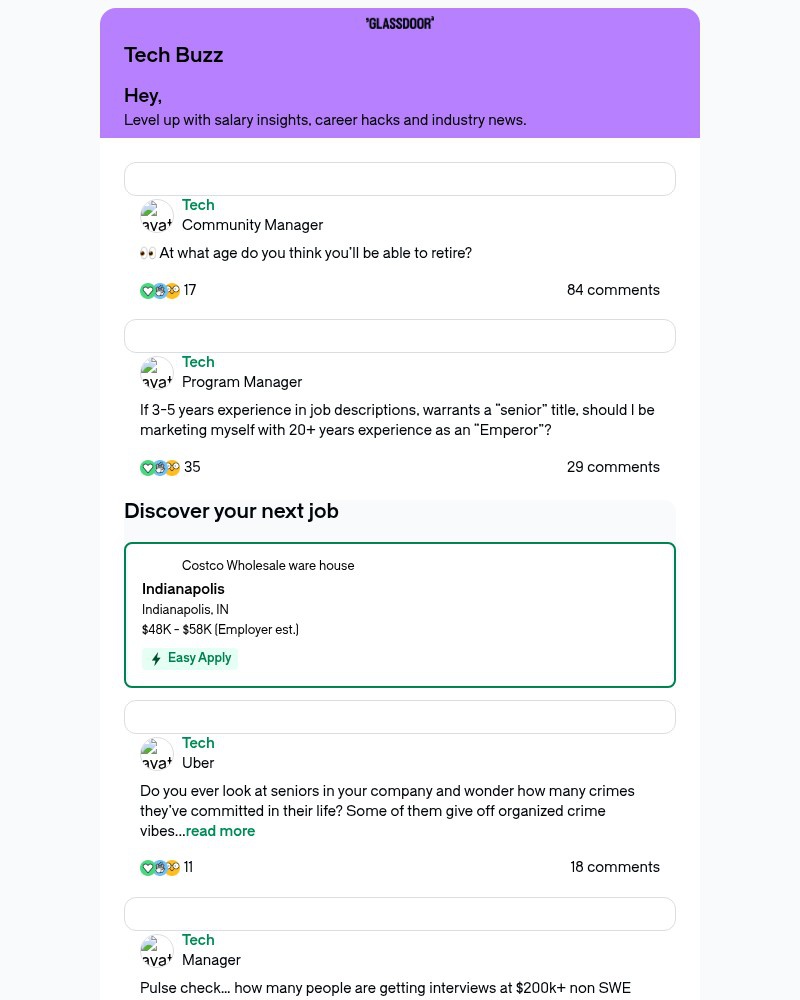 Screenshot of email sent to a Glassdoor Registered user