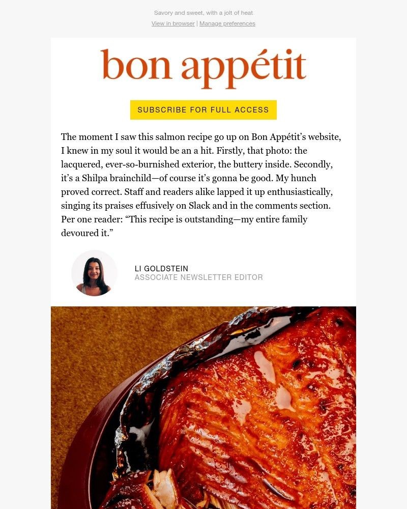 Screenshot of email sent to a Bon Appétit Newsletter subscriber