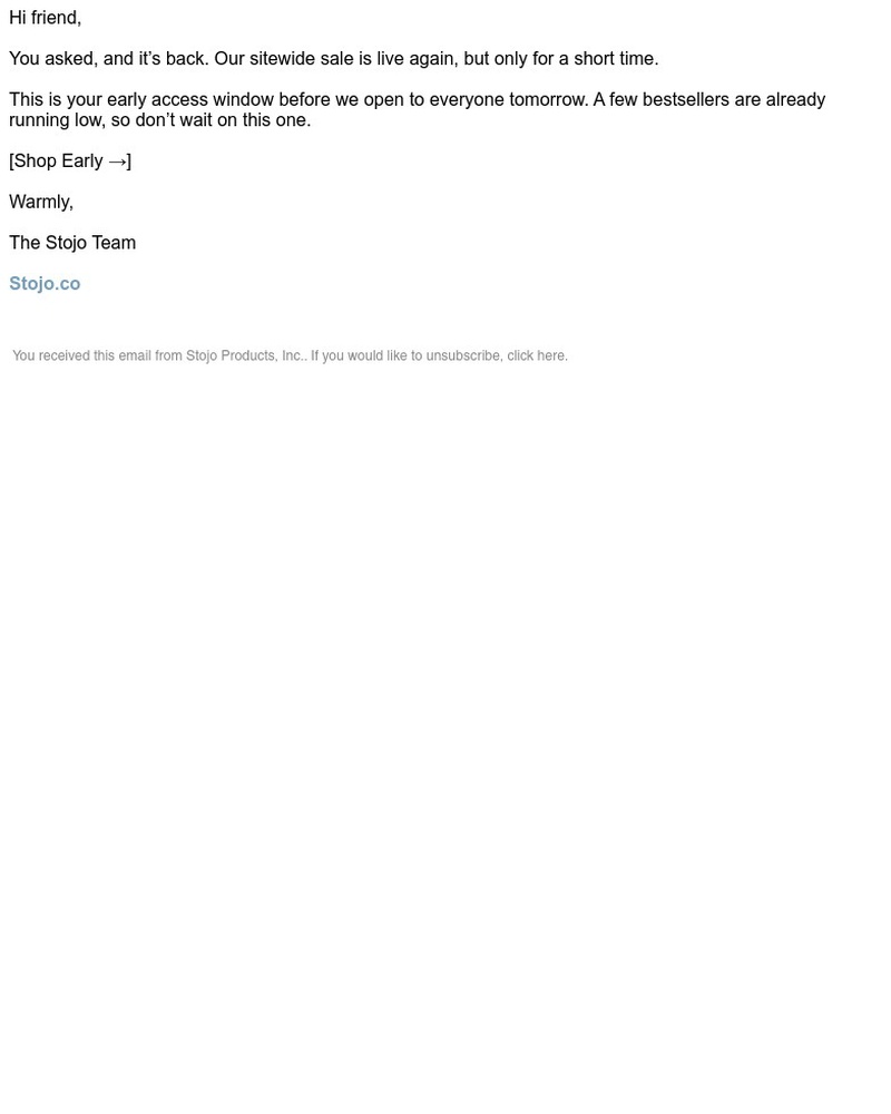 Screenshot of email sent to a Stojo Newsletter subscriber