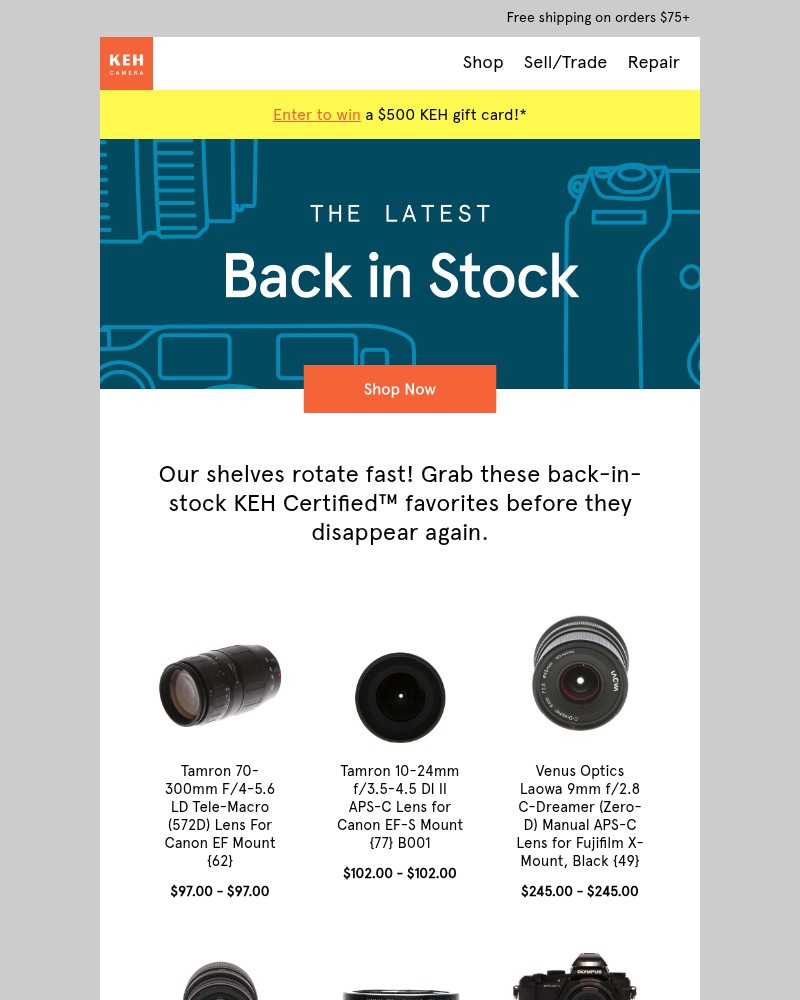 Screenshot of email sent to a KEH Camera Newsletter subscriber