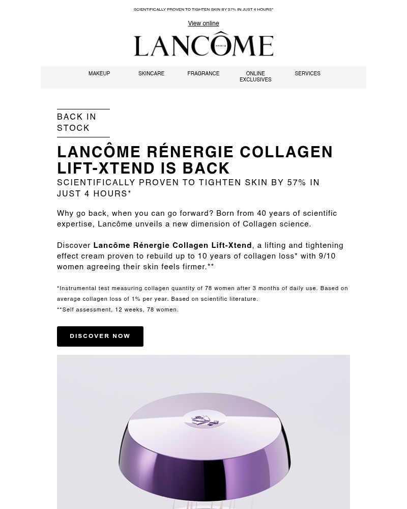 Screenshot of email with subject /media/emails/back-in-stock-lancome-renergie-collagen-lift-xtend-1c2a44-cropped-158d267f.jpg