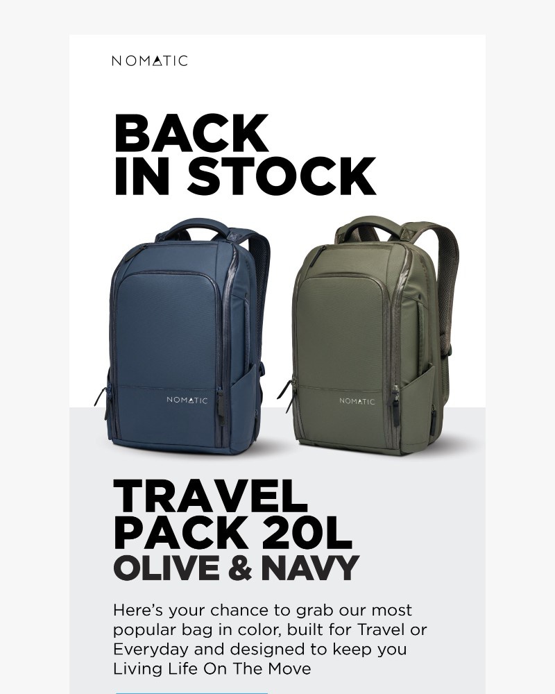 Screenshot of email with subject /media/emails/back-in-stock-olive-navy-travel-pack-20l-61f9f4-cropped-676215ea.jpg