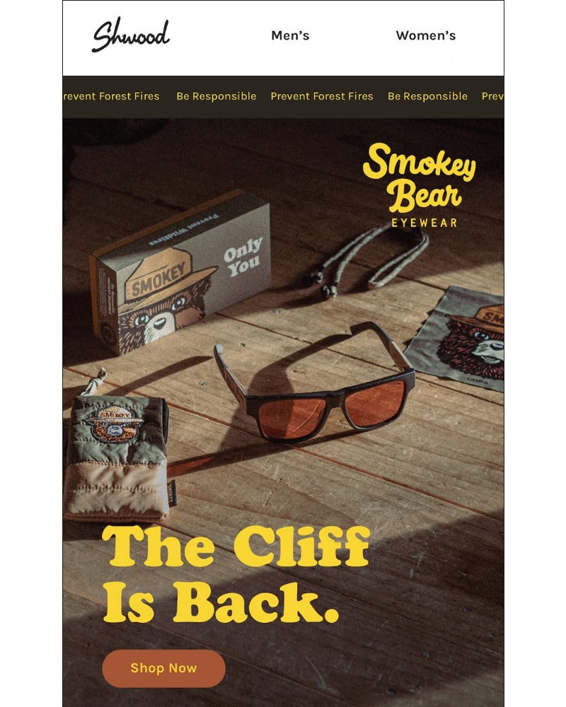 Screenshot of email with subject /media/emails/back-in-stock-smokey-bear-eyewear-f0f3cd-cropped-be840372.jpg