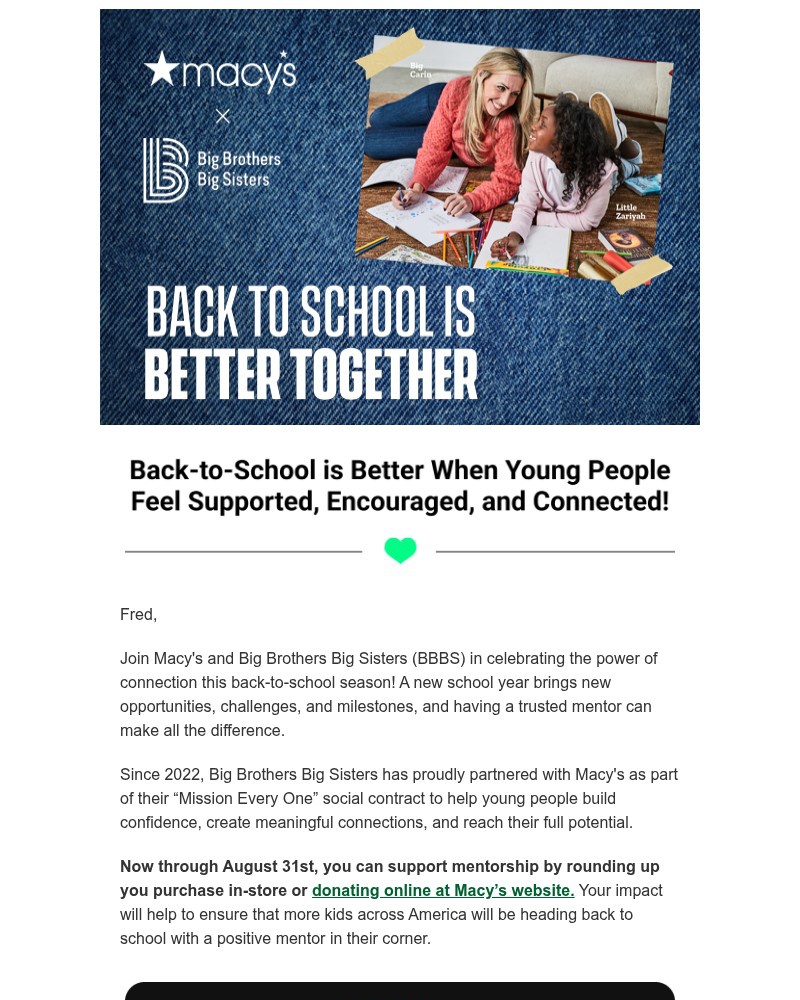 Screenshot of email sent to a Big Brothers Big Sisters of America Newsletter subscriber