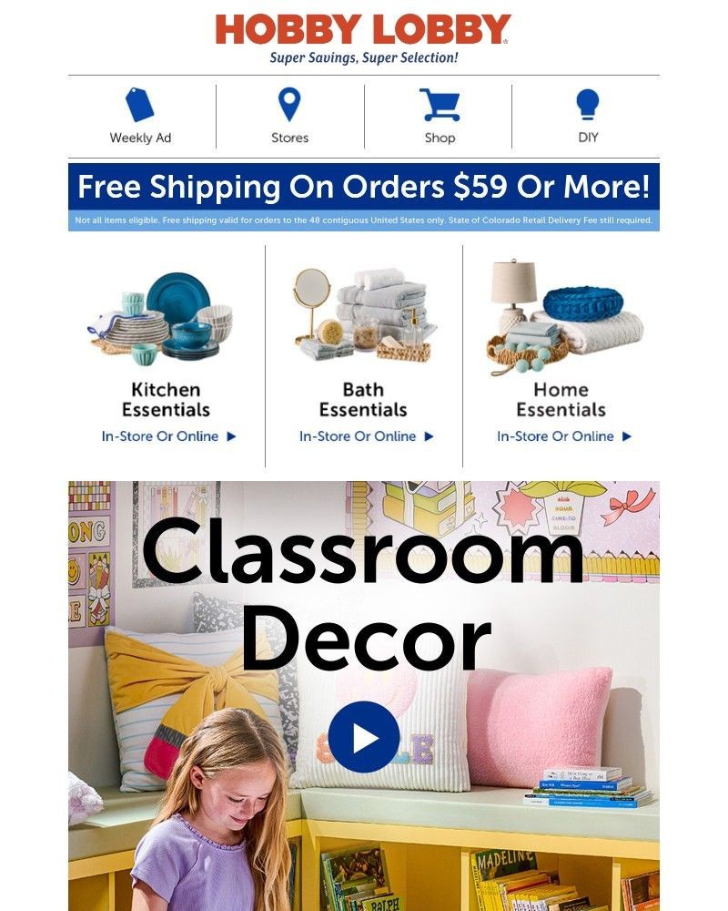 Screenshot of email sent to a Hobby Lobby Newsletter subscriber
