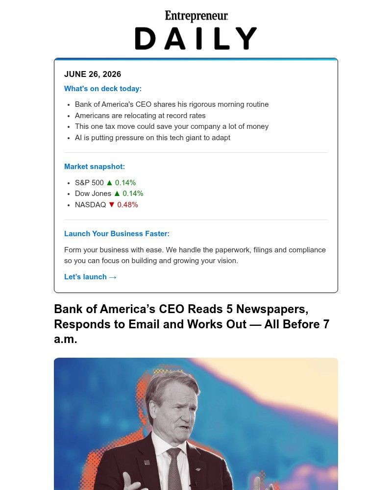 Screenshot of email sent to a Entrepreneur Newsletter subscriber