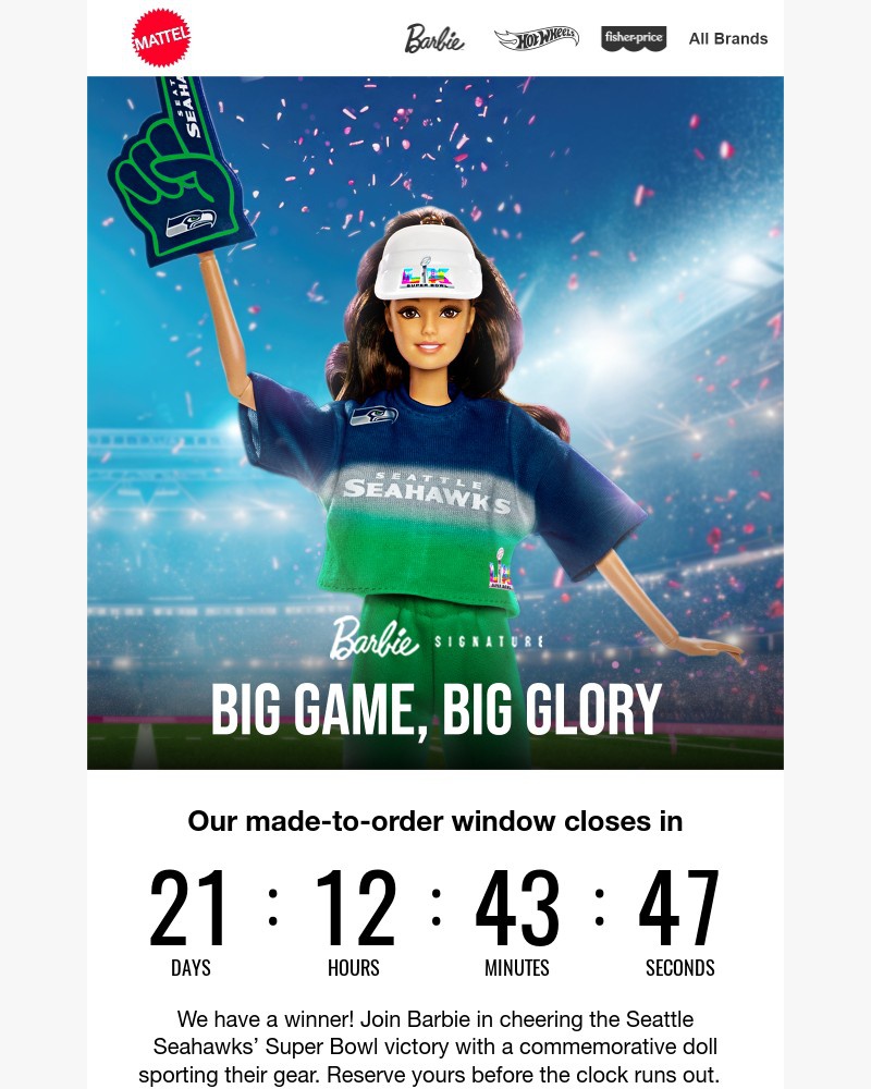 Screenshot of email sent to a Mattel Newsletter subscriber