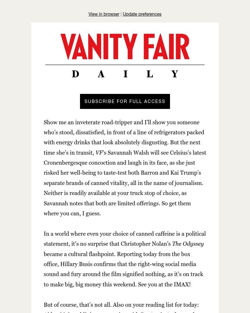Screenshot of email sent to a Vanity Fair Newsletter subscriber