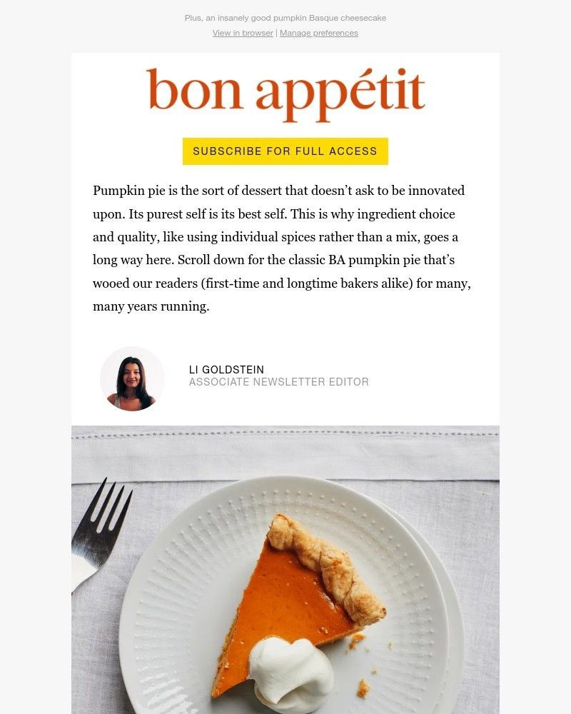 Screenshot of email sent to a Bon Appétit Newsletter subscriber
