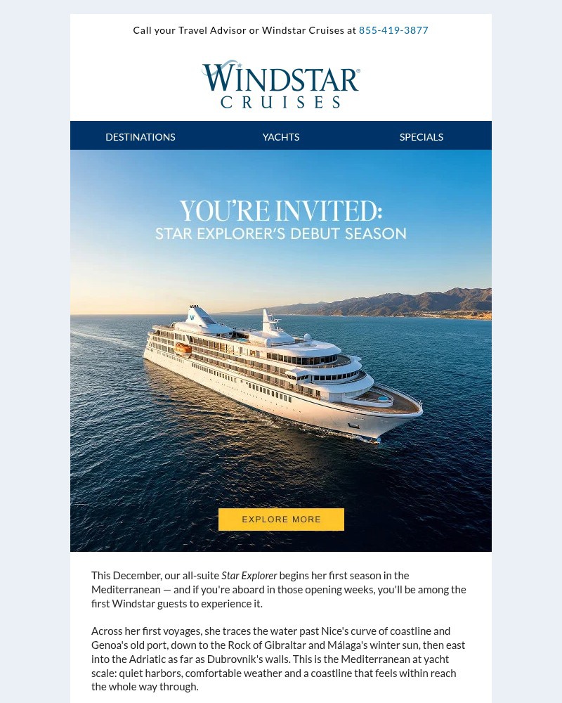 Screenshot of email sent to a Windstar Cruises Newsletter subscriber