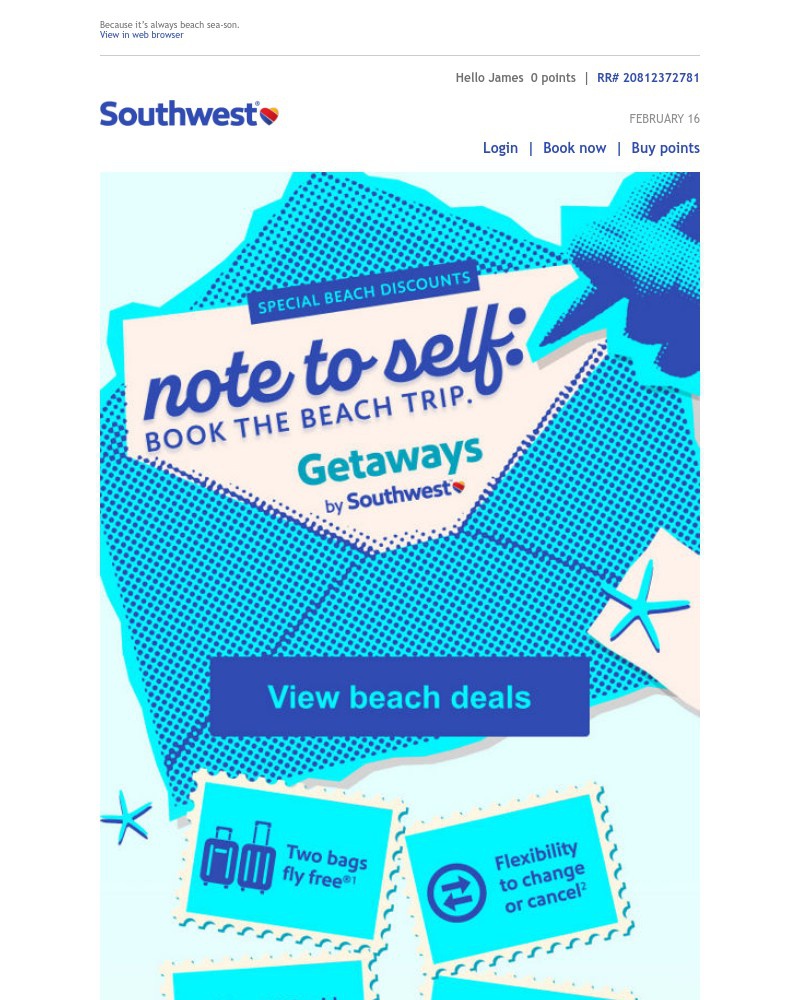 Screenshot of email sent to a Southwest Registered user