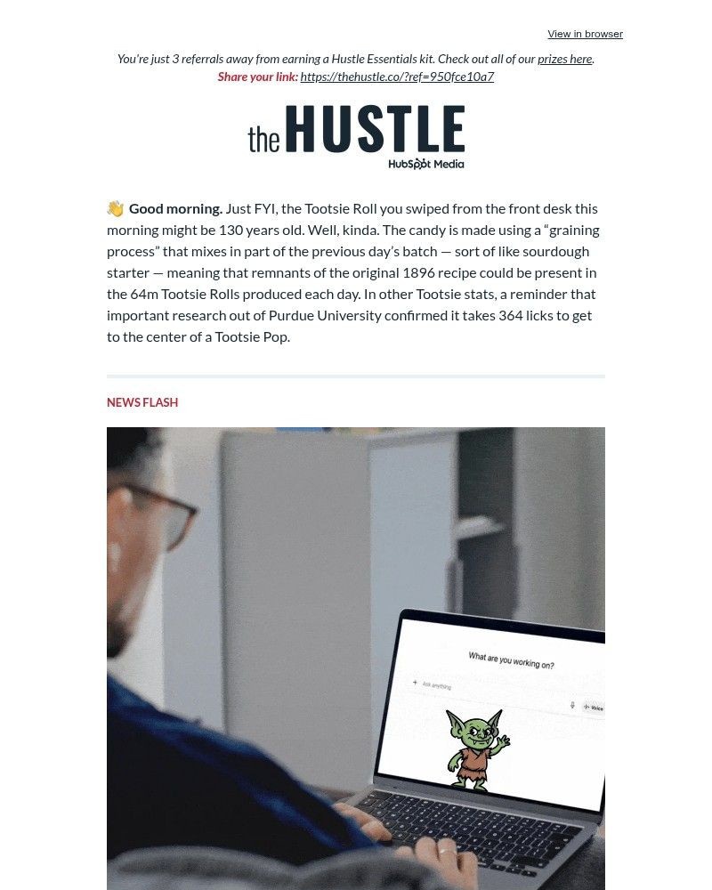 Screenshot of email sent to a The Hustle Newsletter subscriber