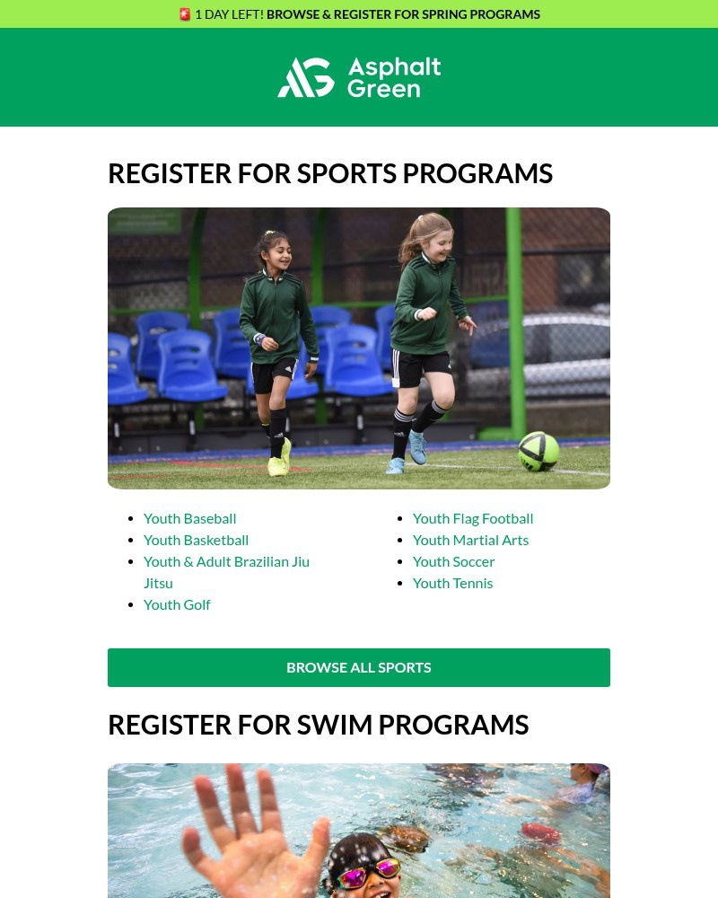 Screenshot of email sent to a Asphalt Green Newsletter subscriber